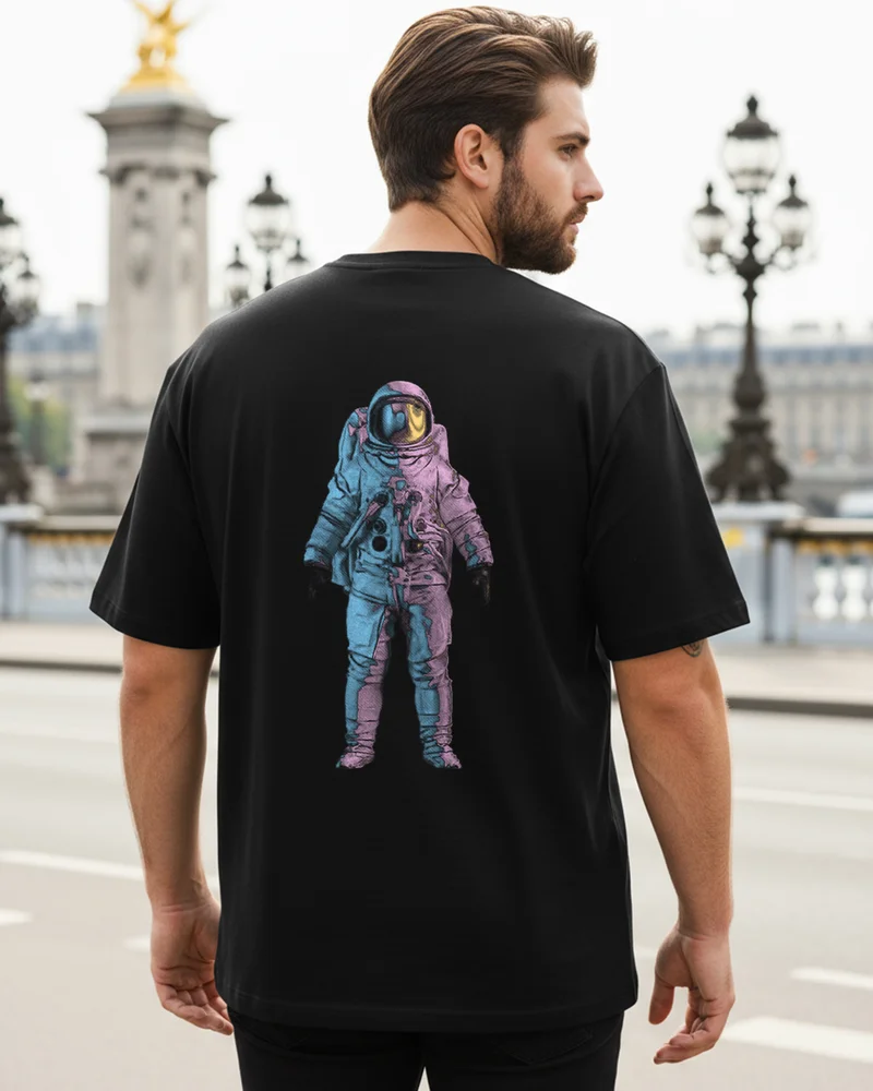 bewakoof Men's Black Universal Astro Graphic Printed Oversized Plus Size T-shirt